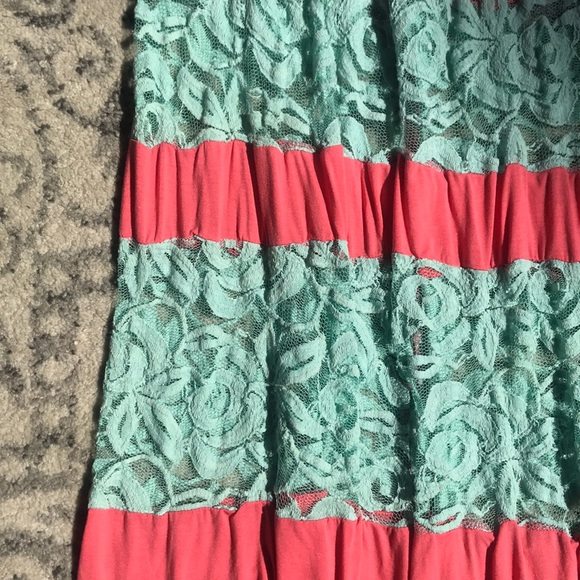 Long Coral Maxi Skirt With Teal Lace - Picture 2 of 3